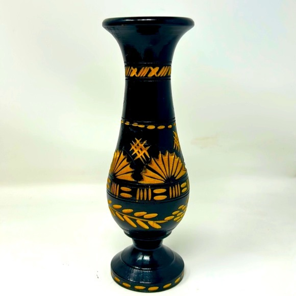 Vintage Hand-Carved Black & Gold Wooden Bud Vase / Folk Art Decorative Vessel - Picture 3 of 6